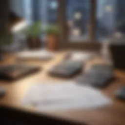 An organized workspace with payroll documents and a calculator