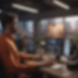 A vibrant workspace showcasing a team using CRM systems