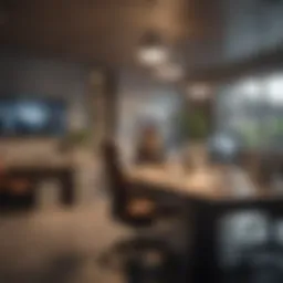 A collaborative workspace with engaged employees discussing ideas