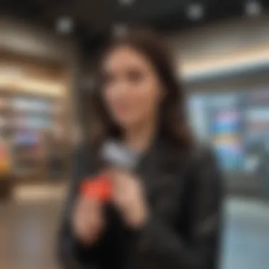 Customer engaging with a gift card at a retail store