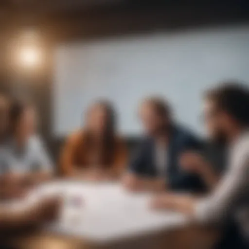 A diverse team brainstorming ideas on a whiteboard