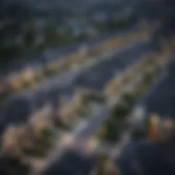 An aerial view of a modern suburban neighborhood showcasing a variety of homes and landscapes.