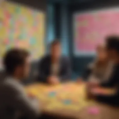 A dynamic brainstorming session with vibrant sticky notes and ideas on a board