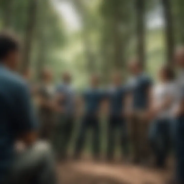 Participants involved in a trust-building exercise outdoors