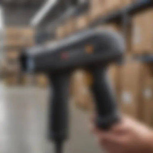 A close-up view of a barcode scanner in use within a warehouse setting