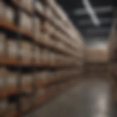 Efficiently Organized Warehouse with Barcode System An organized warehouse shelf displaying various products with barcodes