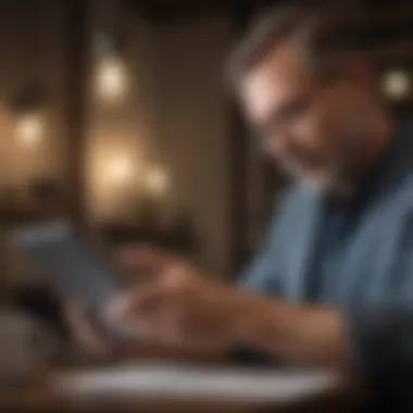 Reading Peer Reviews for Business Insights A thoughtful business professional reading reviews on a tablet.